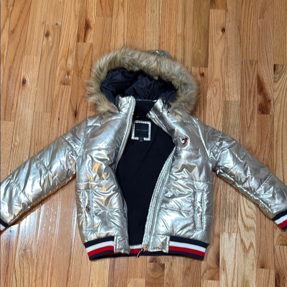 Tommy Hilfiger Silver Puffer Jacket with Faux Fur Hood